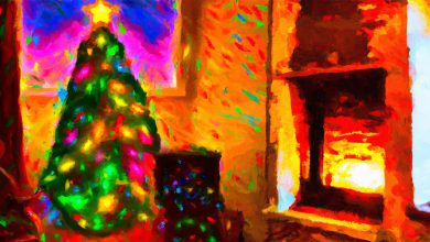 Image of a Christmas tree next to a fireplace at night in the style of an impressionist painting.